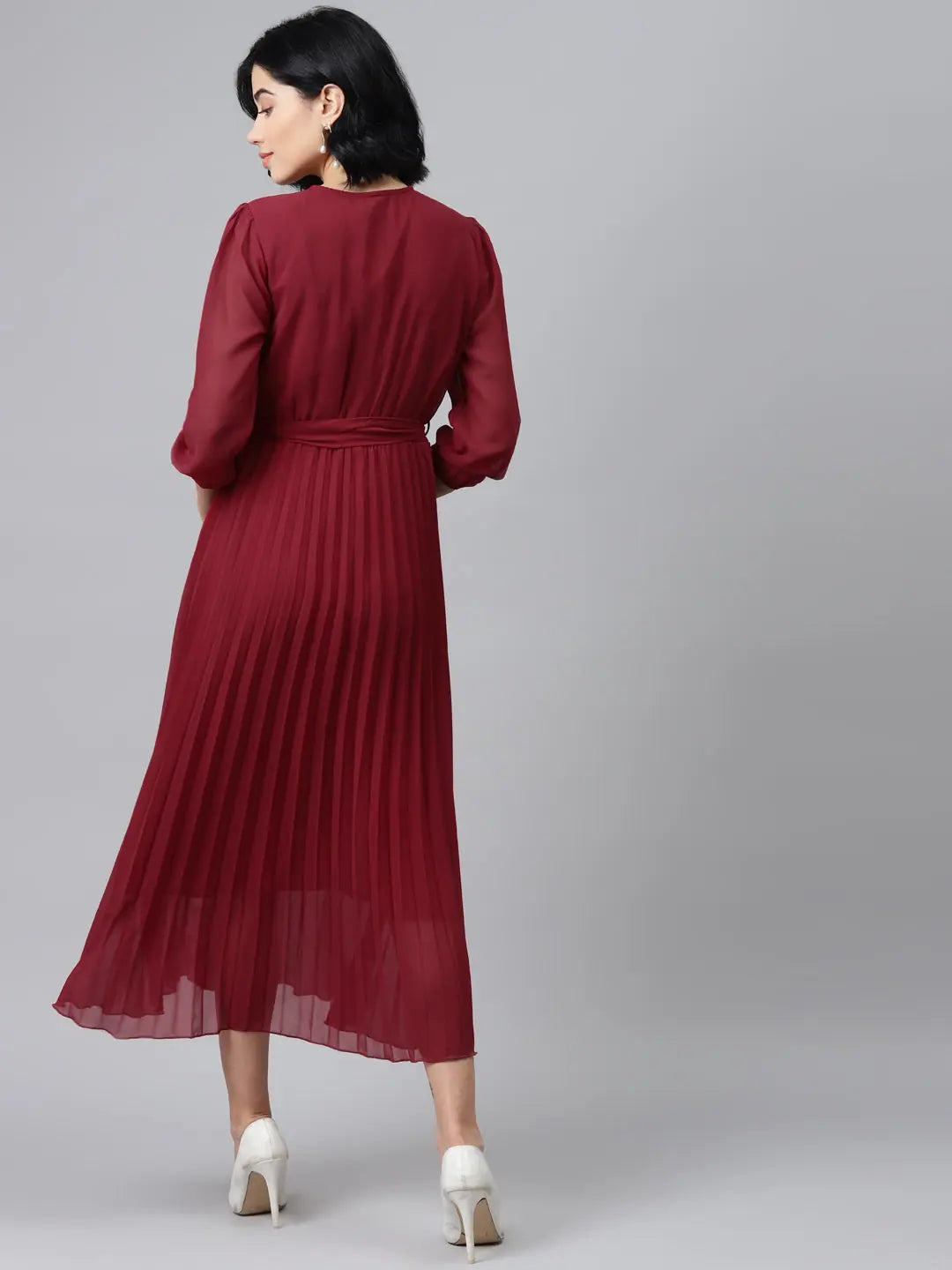 Maroon Midi Dress: Elegant Pleated Dress for Women
