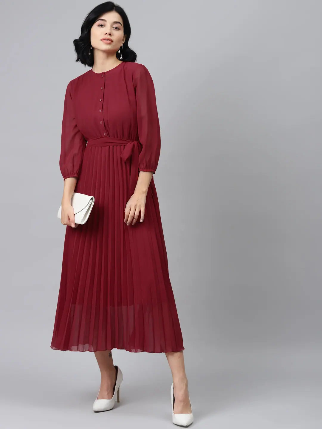 Maroon Midi Dress: Elegant Pleated Dress for Women