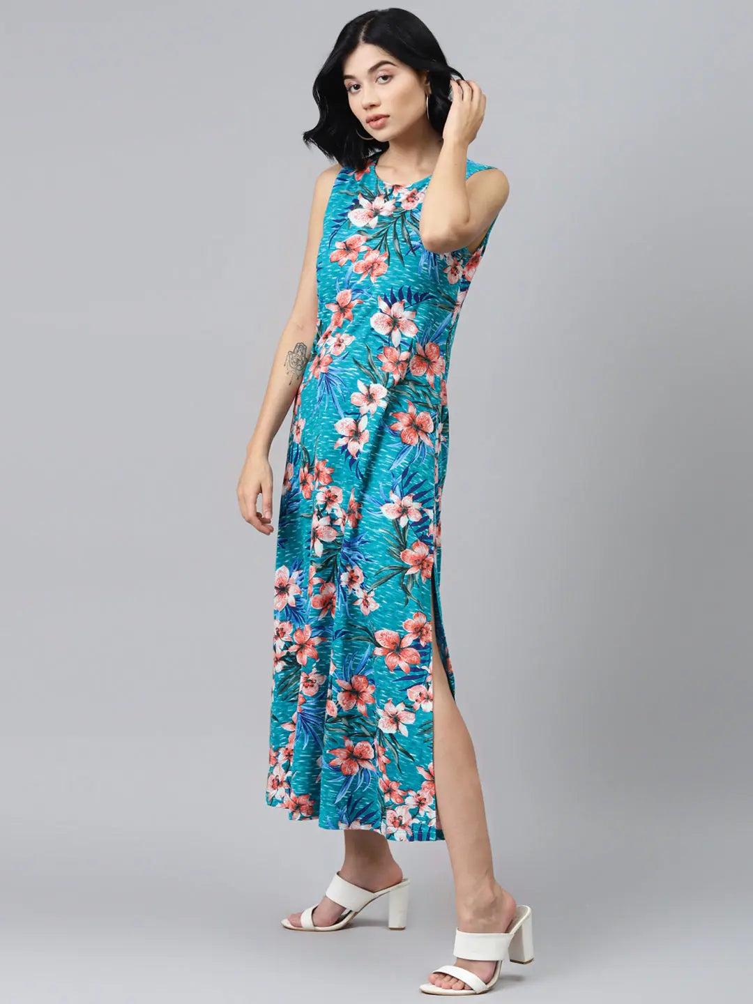 Blue Floral Maxi Dress - Sleeveless Jersey Knit, A-Line