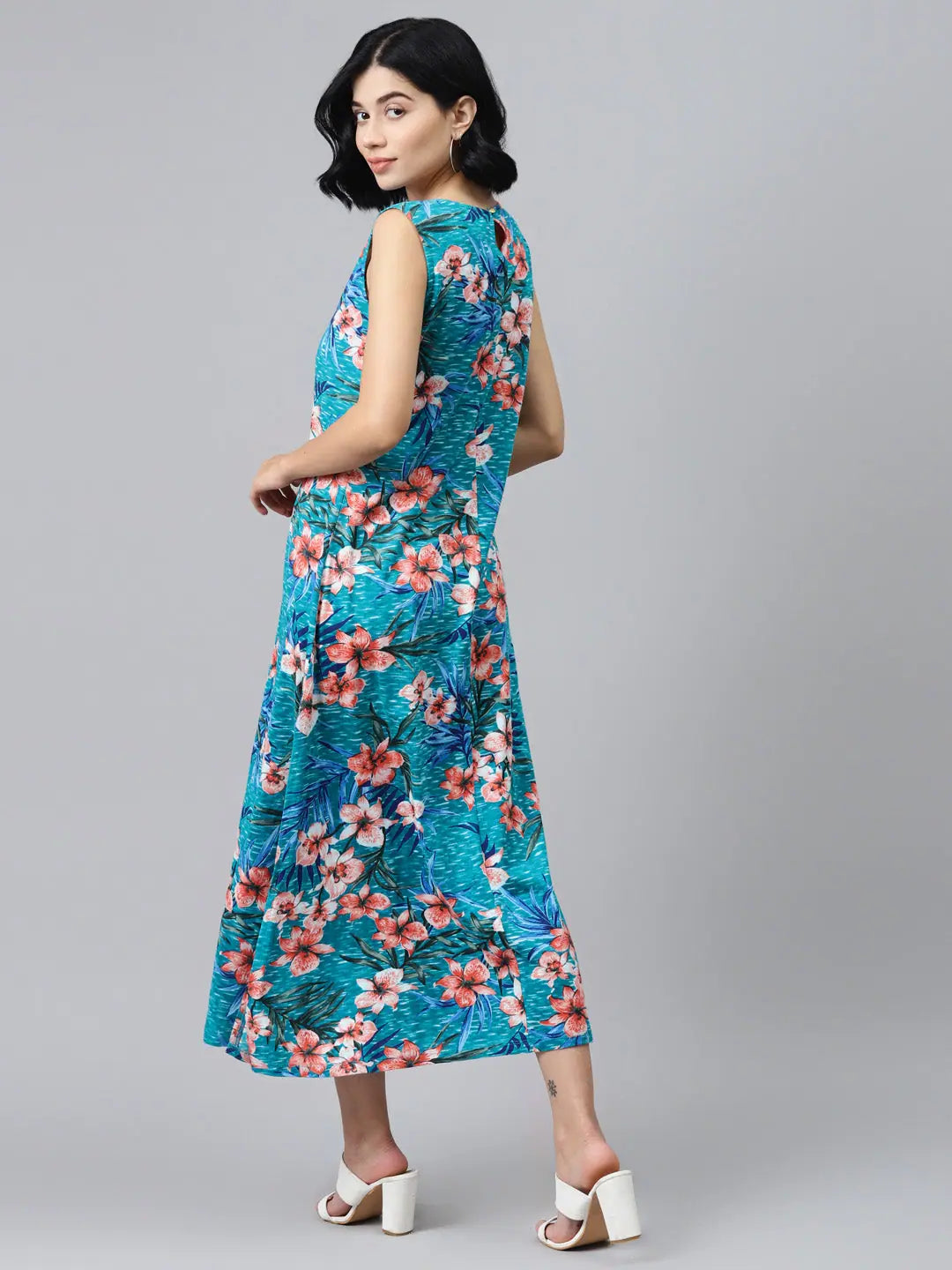 Blue Floral Maxi Dress - Sleeveless Jersey Knit, A-Line
