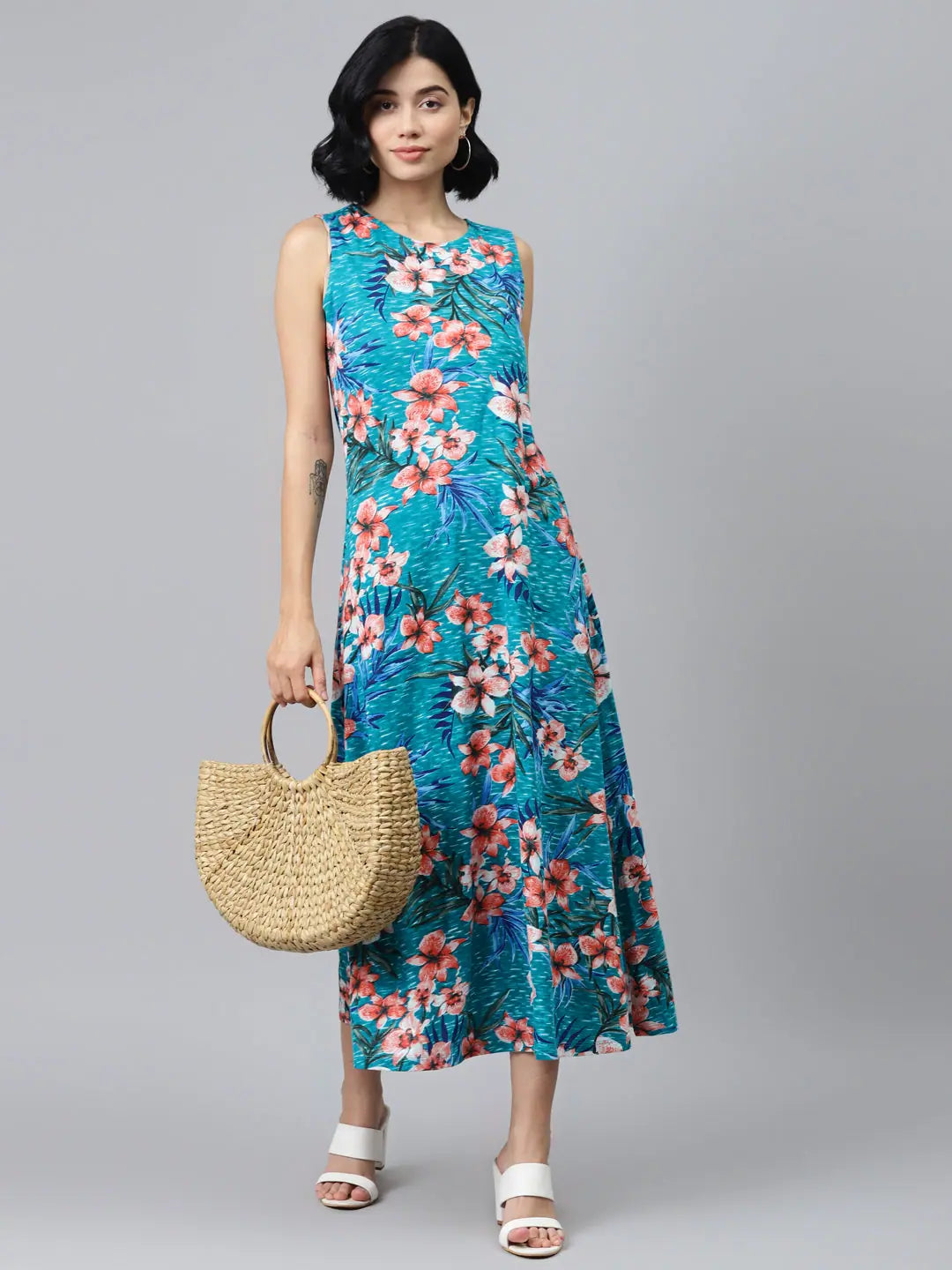 Blue Floral Maxi Dress - Sleeveless Jersey Knit, A-Line