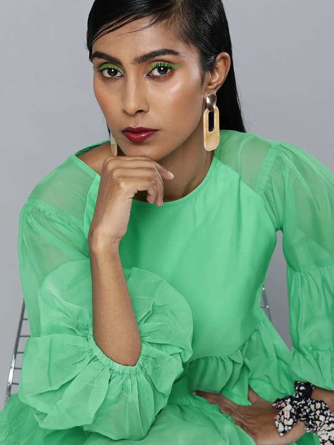 Green Organza Drop Shoulder Dress | Women's Designer Lehenga