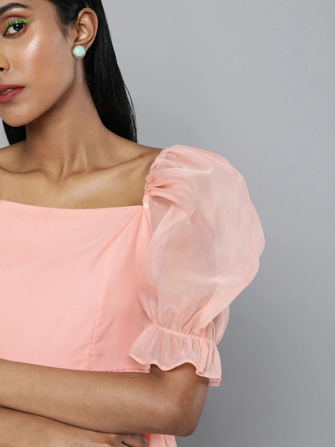 Pastel Pink Organza Puff Sleeve Dress | Designer Lehenga