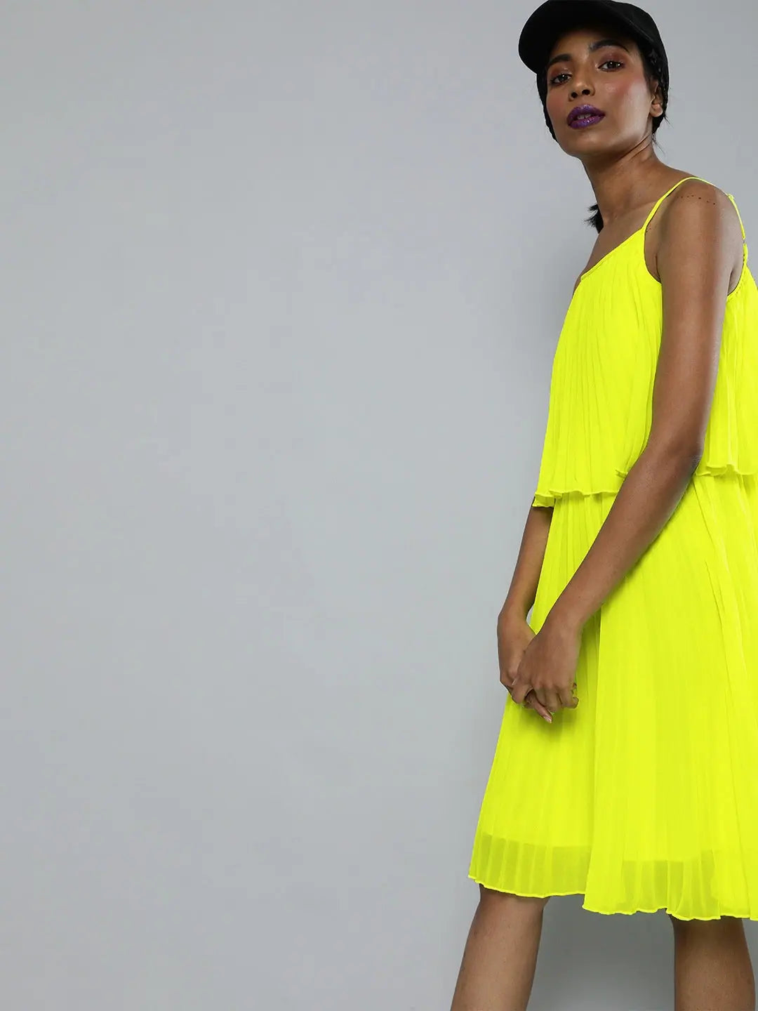 Neon Green Pleated Skater Dress | Strappy, Maxi Length