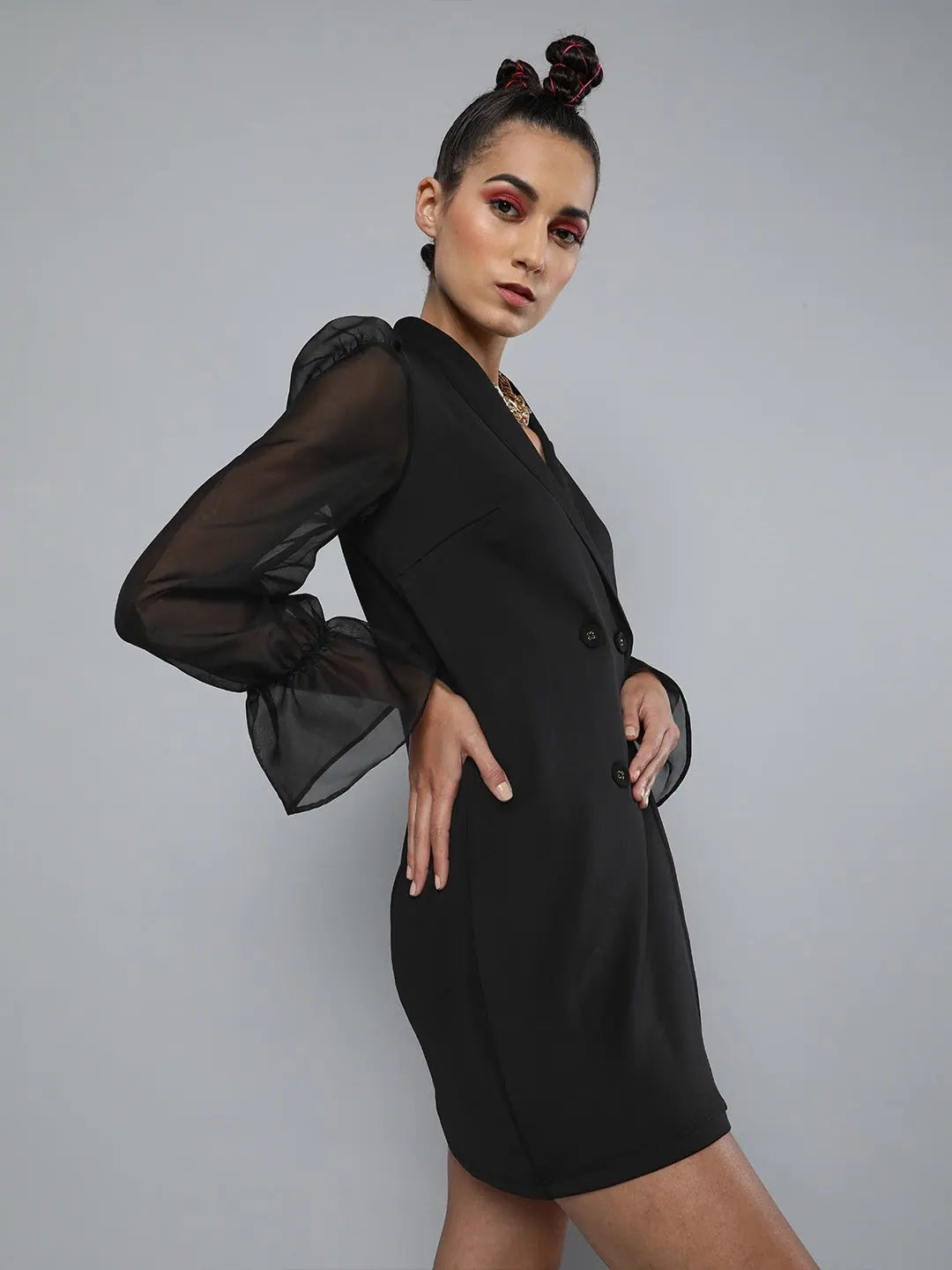 Black Organza-Sleeves Blazer Mini Dress
