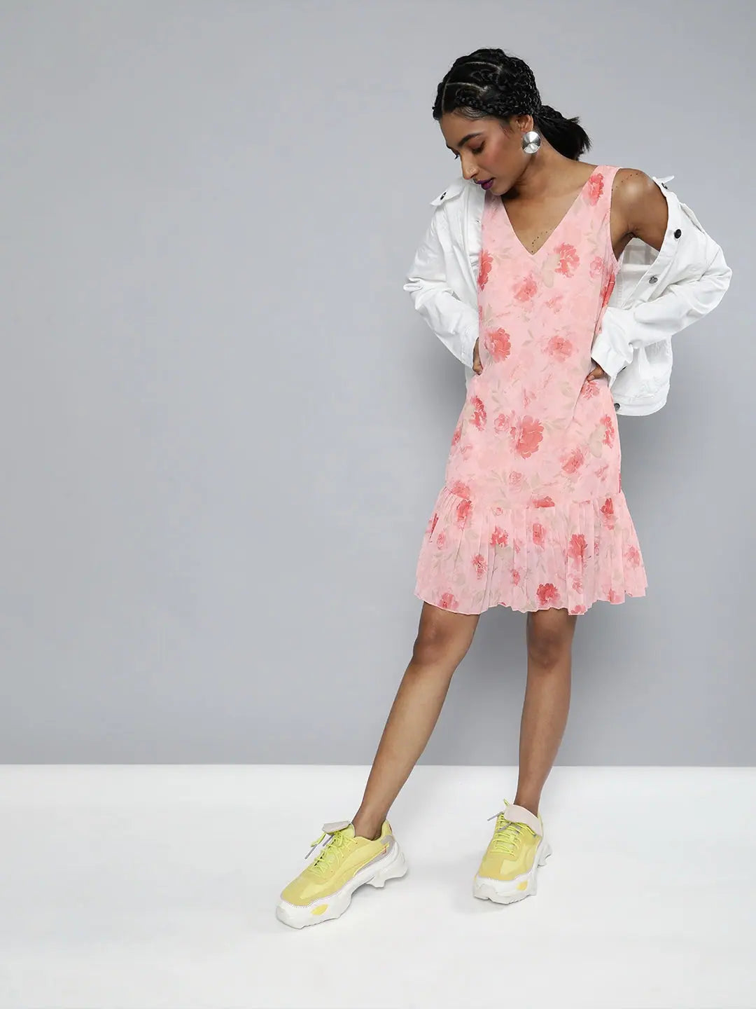 Pink Floral V-Neck Dress - Women's Designer Lehenga Style