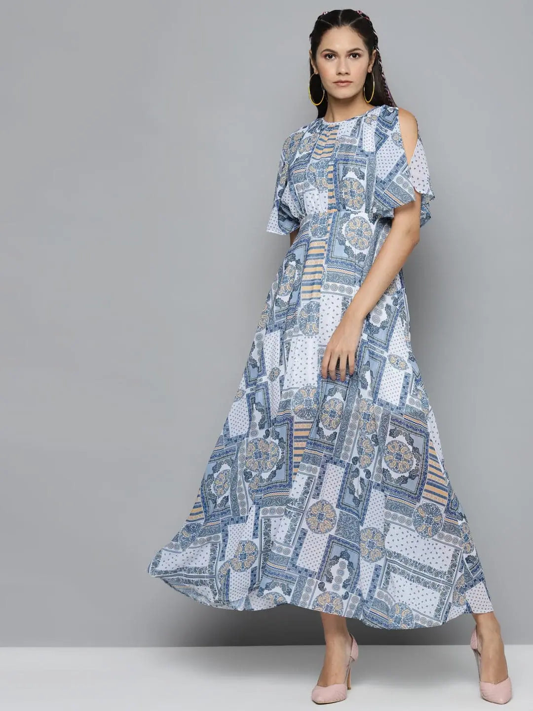 Blue Patch Print Maxi Dress - Elegant Women's Lehenga Style
