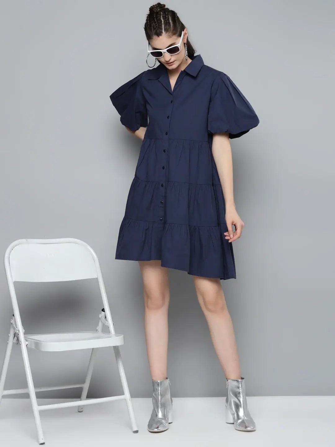 Navy Tiered Shirt Dress | Cotton Poplin Comfort Fit