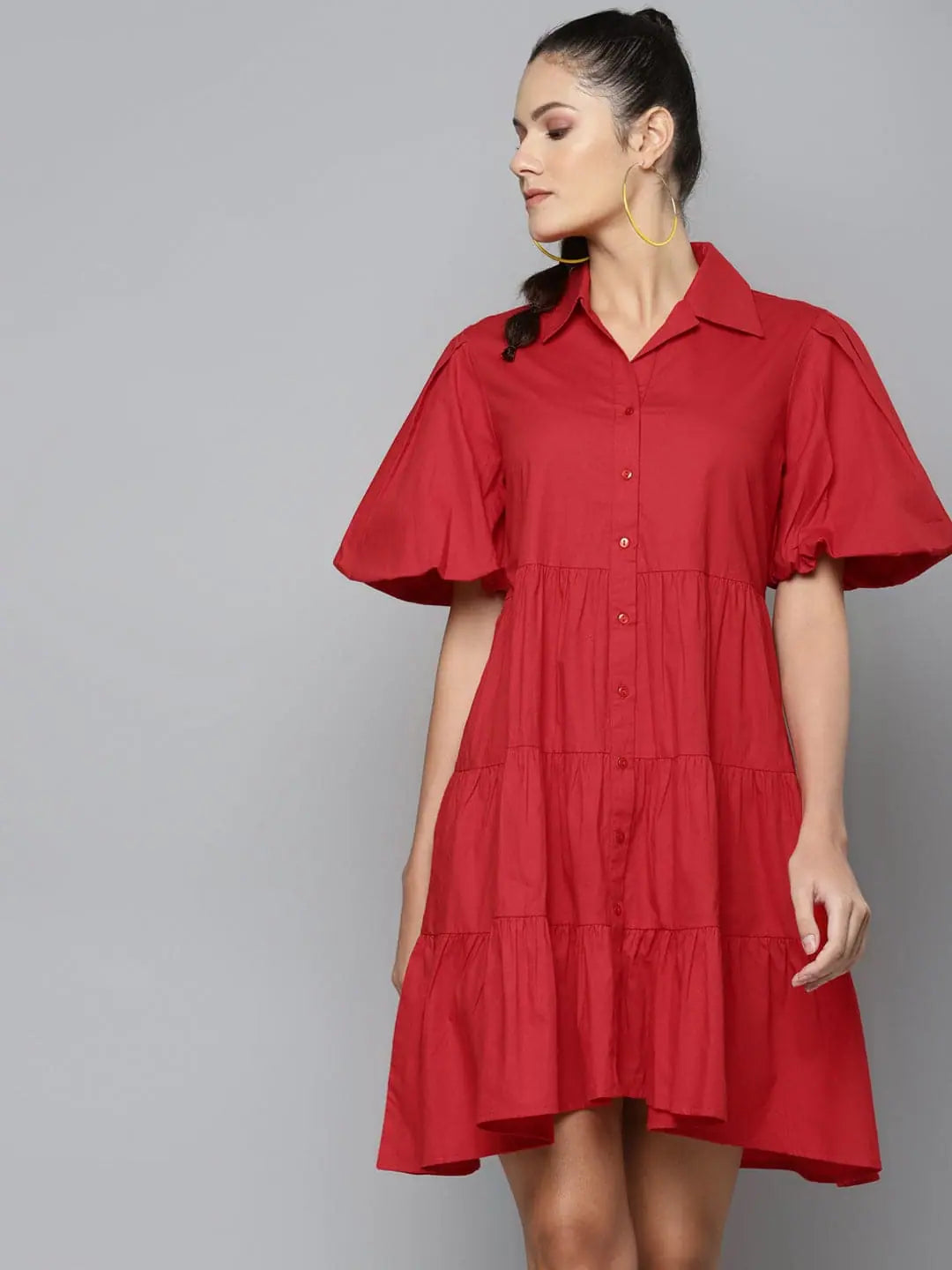 Red Tiered Shirt Dress