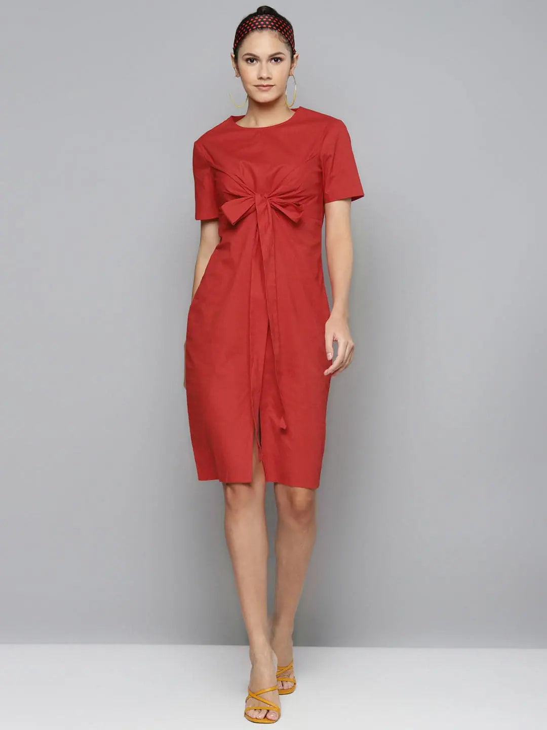 Red Tie Up Detail Dress | Cotton Poplin Midi Length