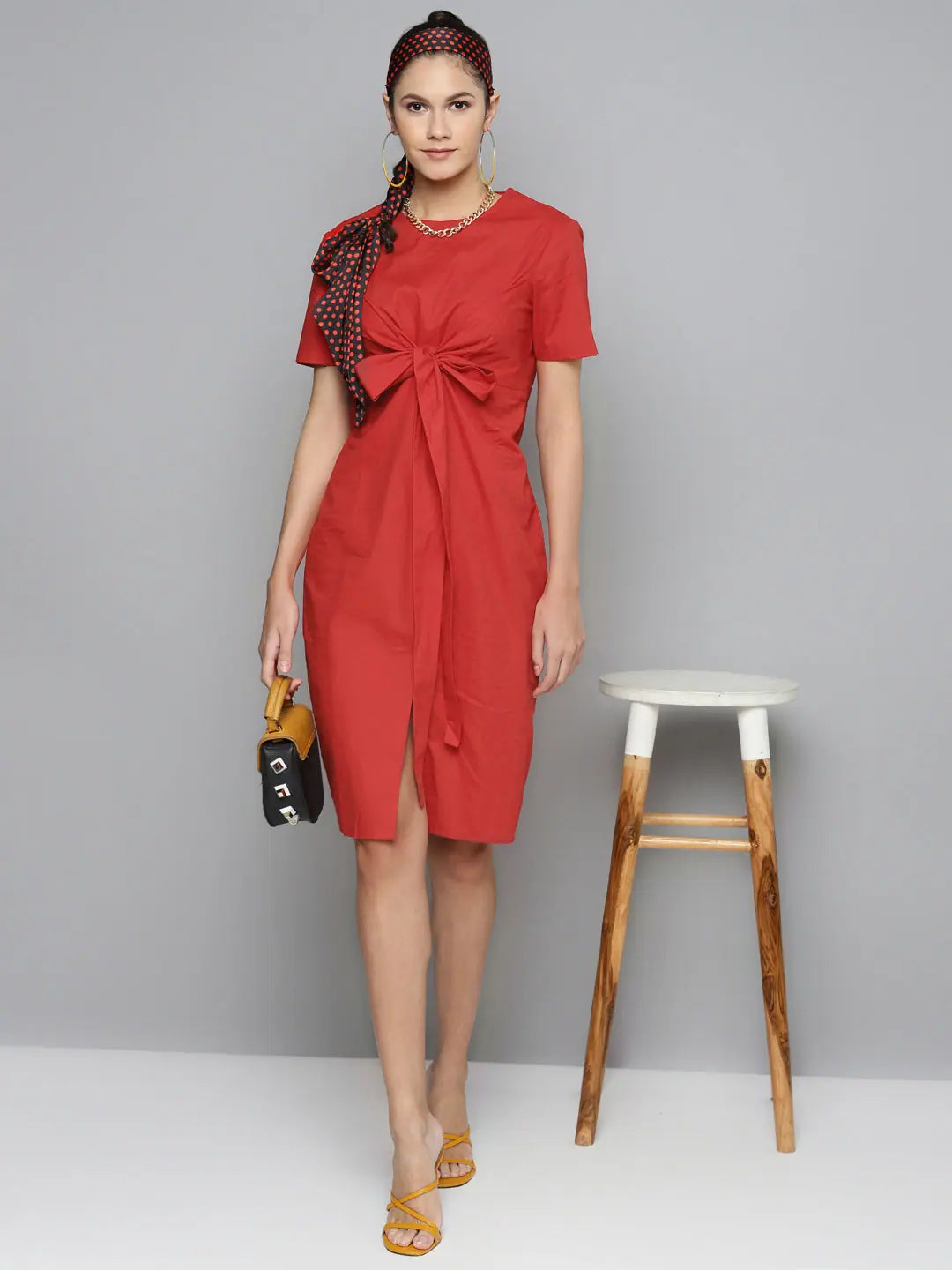 Red Tie Up Detail Dress | Cotton Poplin Midi Length