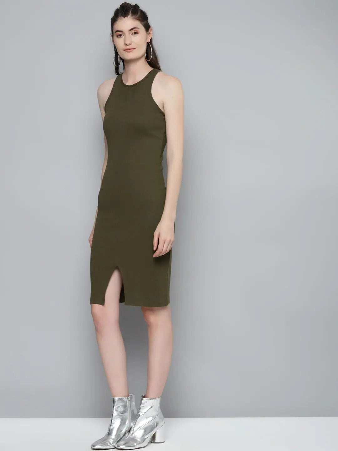 Olive Bodycon Midi Dress | Cotton Rib, Comfort Fit