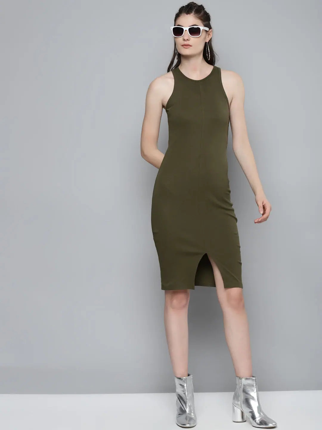 Olive Bodycon Midi Dress | Cotton Rib, Comfort Fit