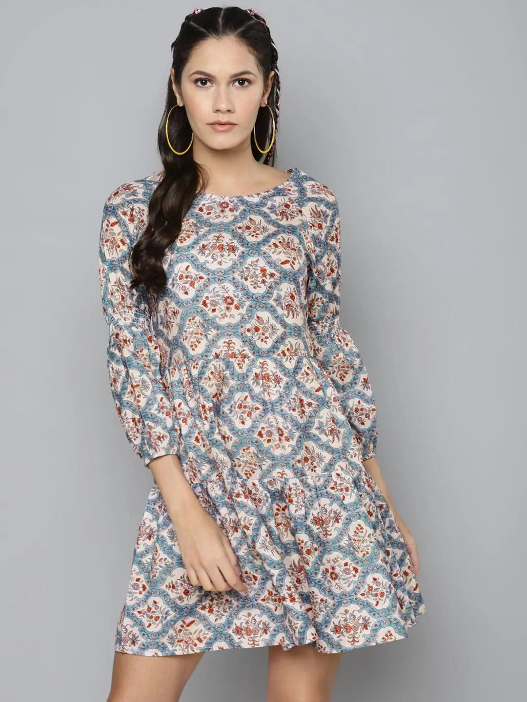 Floral Tiered Skater Dress - Blue & Beige Designer Lehenga Look