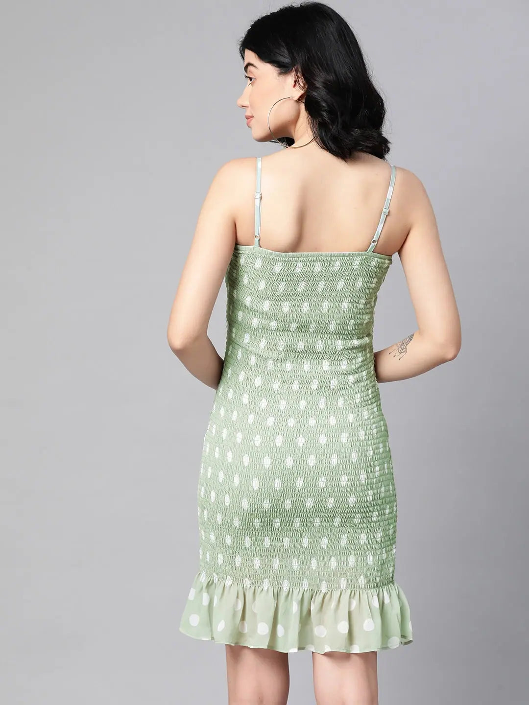 Sea Green Dot Smocked Bodycon Dress | Designer Lehenga