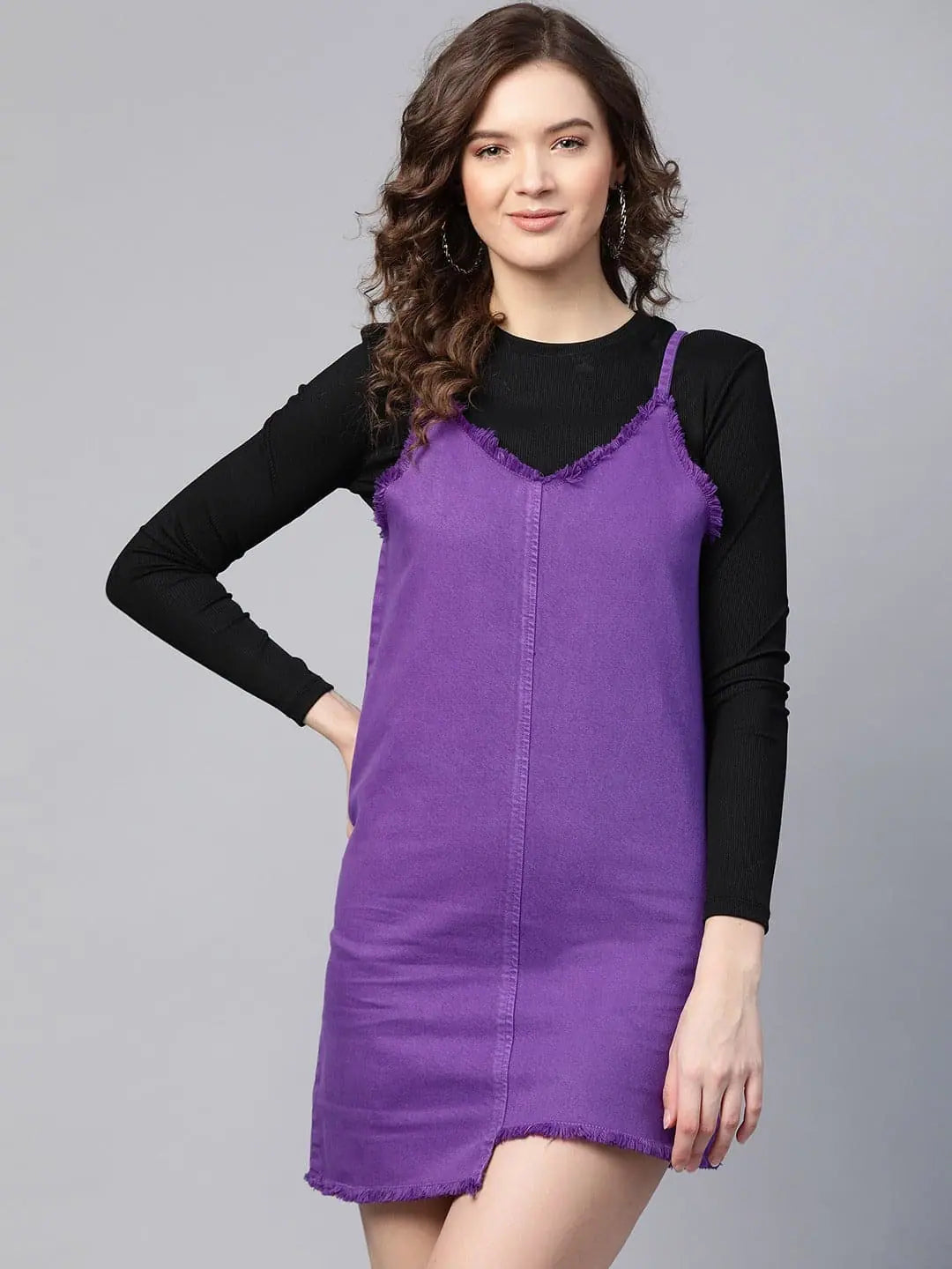 Purple Denim Slip Dress | Short Frayed Look Comfort Fit Purple Denim Slip Dress | Short Frayed Look Comfort Fit