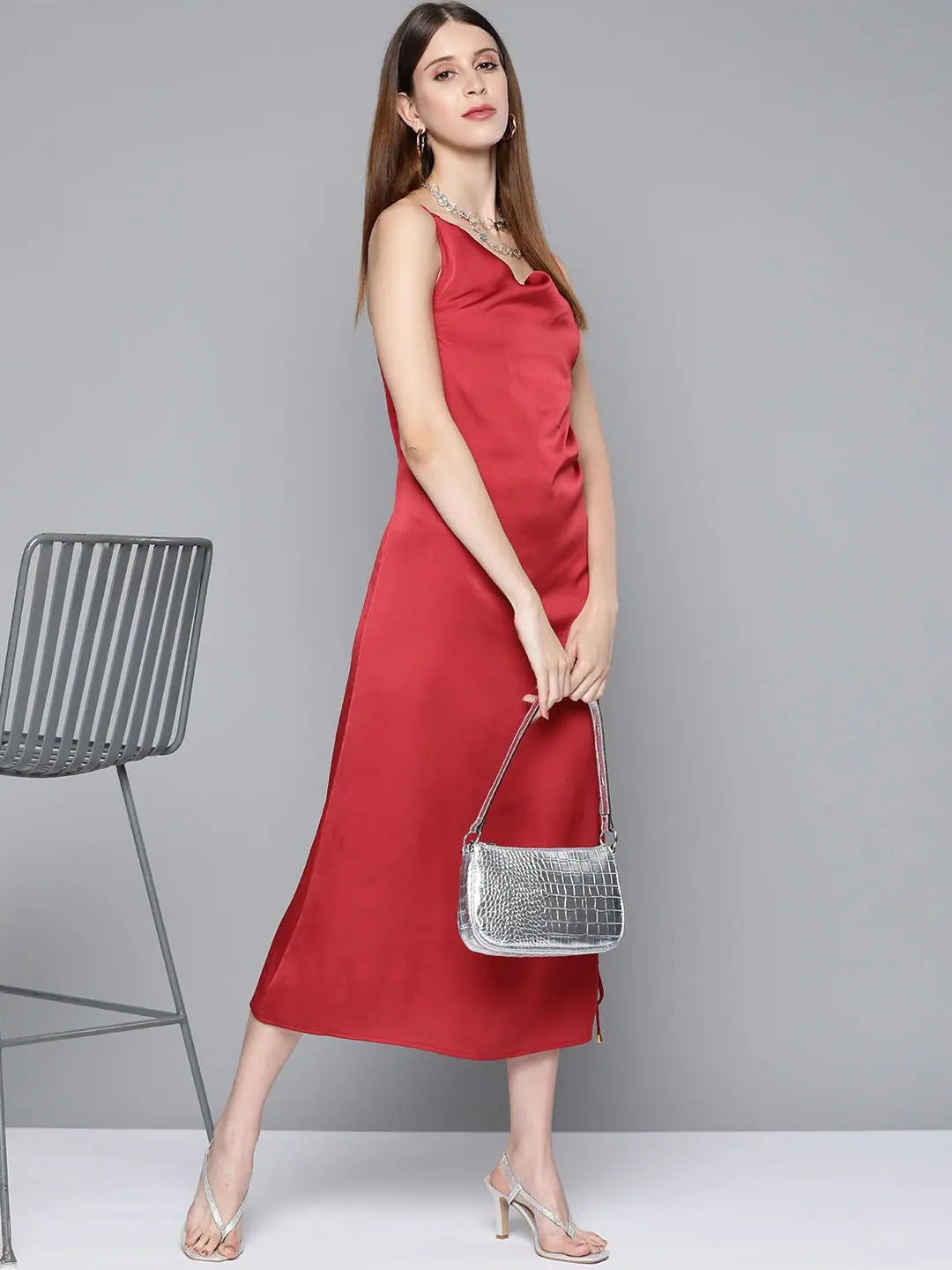 Maroon Satin Rouching Slip Dress | Wedding Lehenga Style