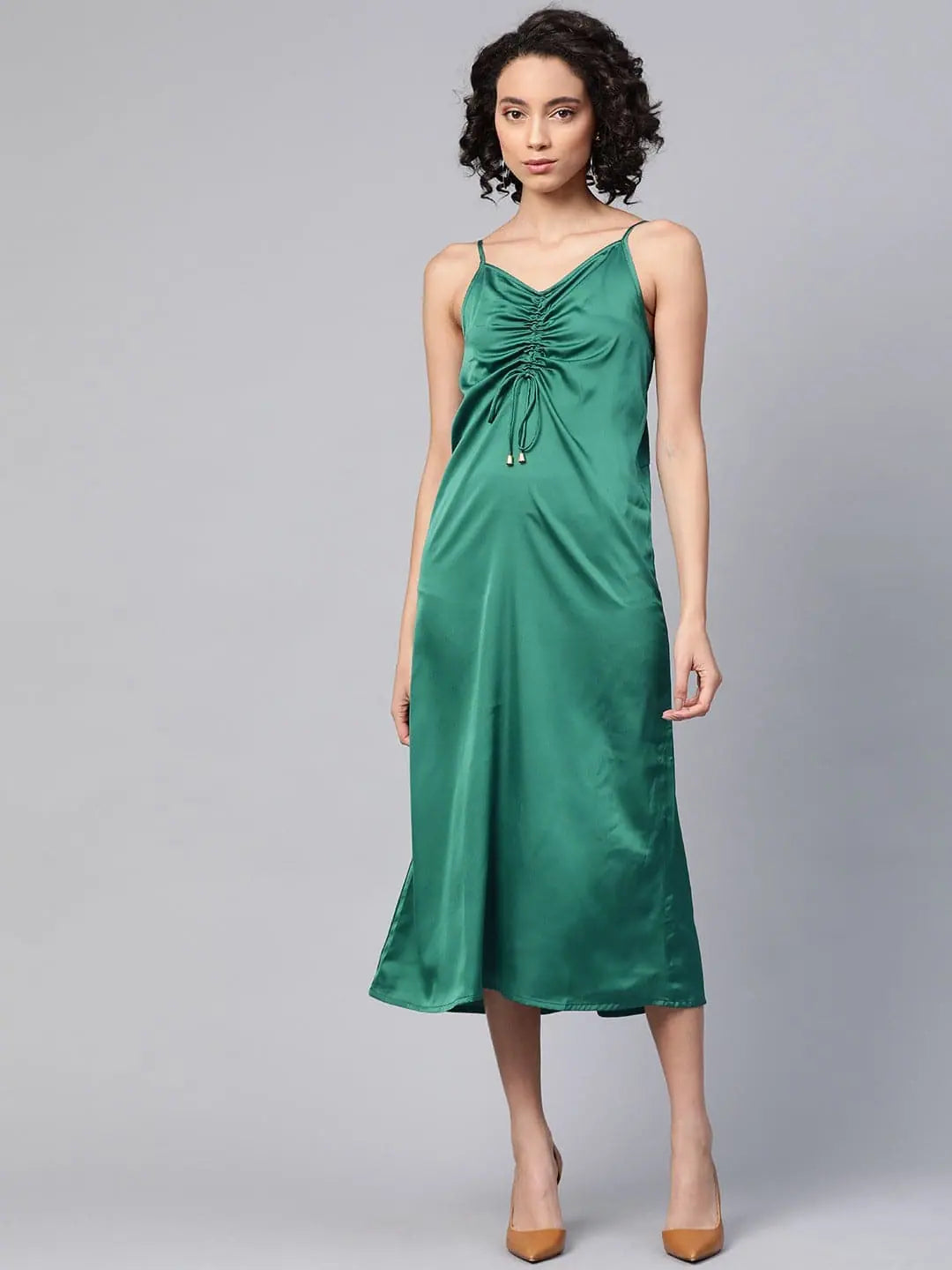 Green Satin Rouched Slip Dress | Comfort Fit Midi Dress