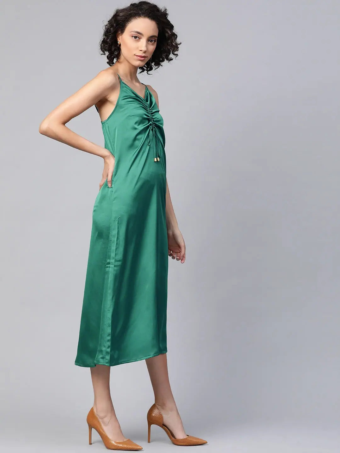 Green Satin Rouched Slip Dress | Comfort Fit Midi Dress