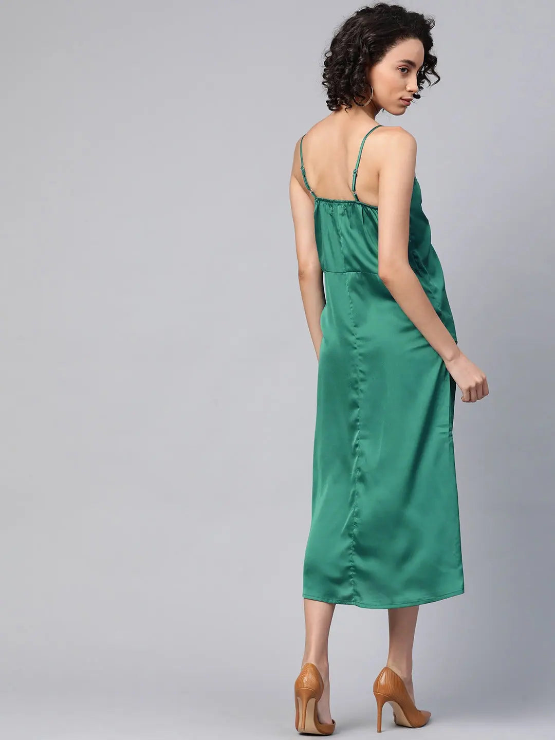 Green Satin Rouched Slip Dress | Comfort Fit Midi Dress