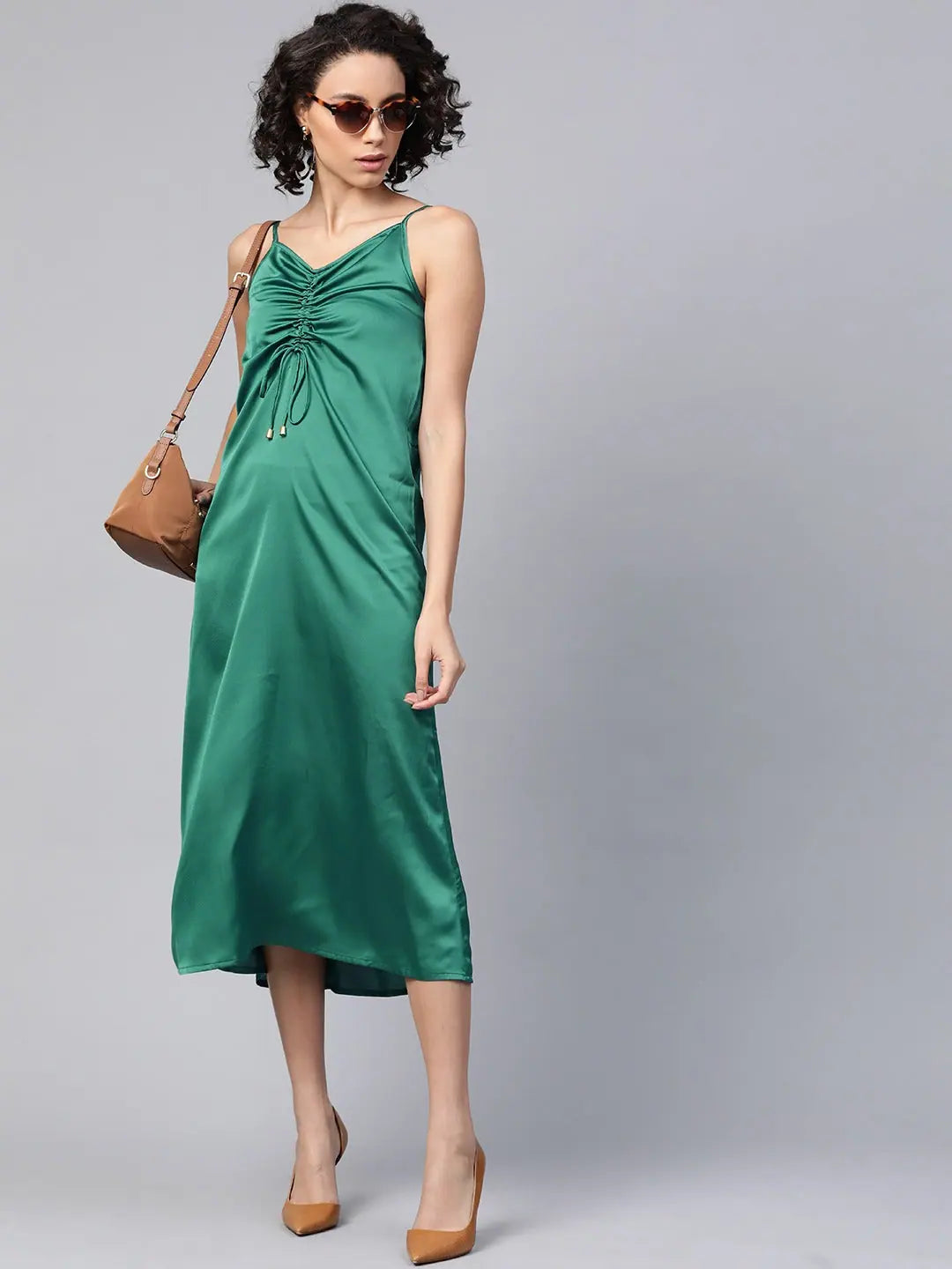 Green Satin Rouched Slip Dress | Comfort Fit Midi Dress