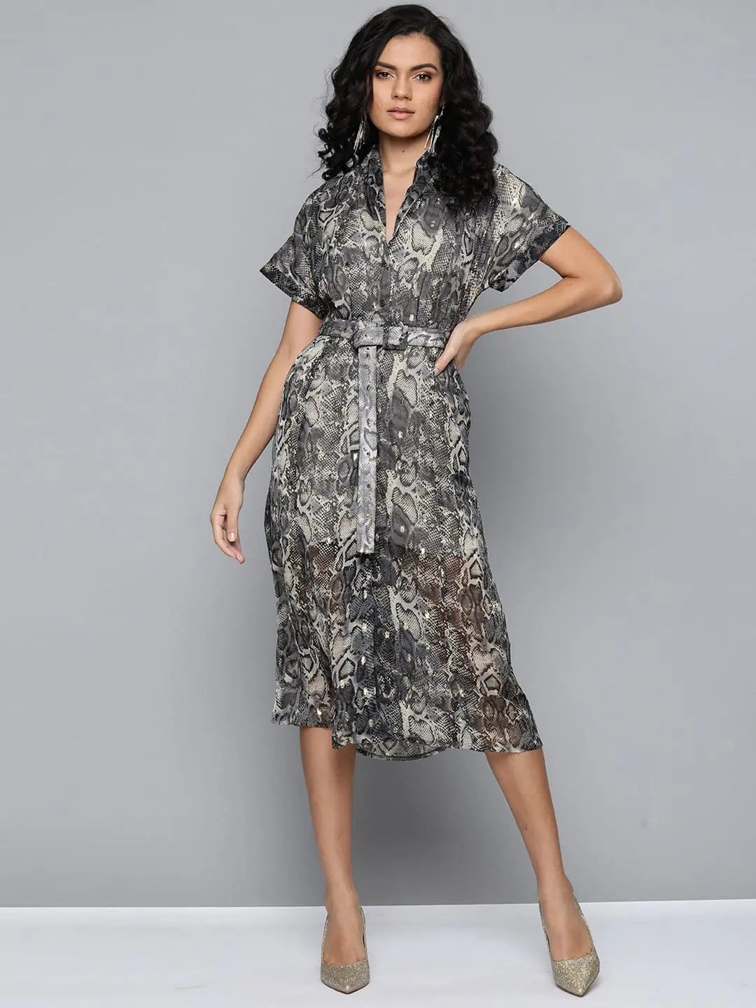 Grey Animal Print Midi Dress - Women's Georgette Lurex Dress