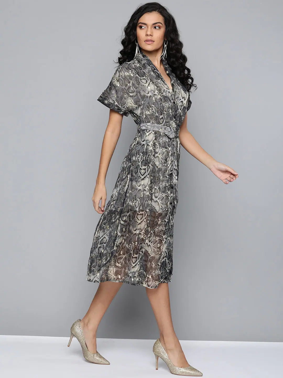 Grey Animal Print Midi Dress - Women's Georgette Lurex Dress