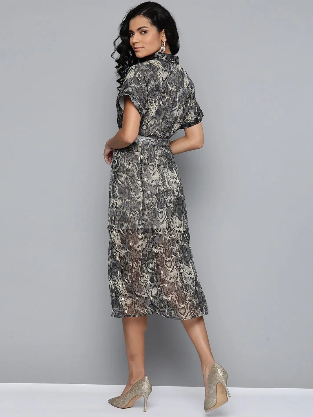 Grey Animal Print Midi Dress - Women's Georgette Lurex Dress