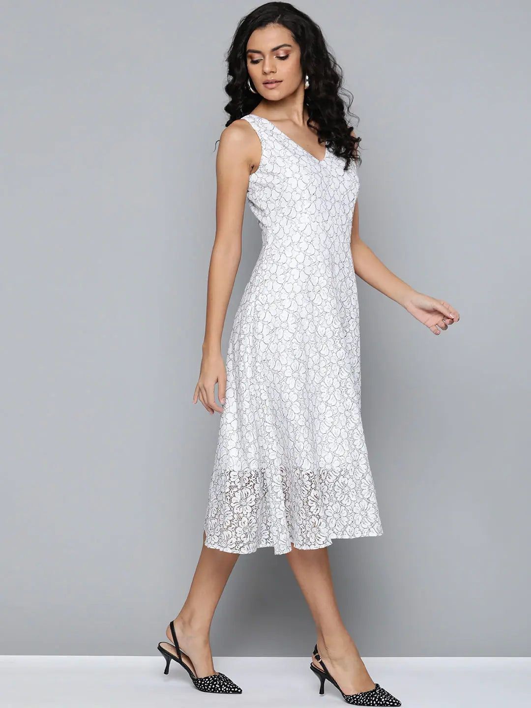 White Lace Midi Dress - V-Neck Fit & Flare Style