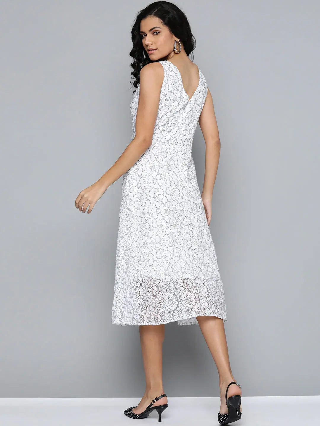 White Lace Midi Dress - V-Neck Fit & Flare Style
