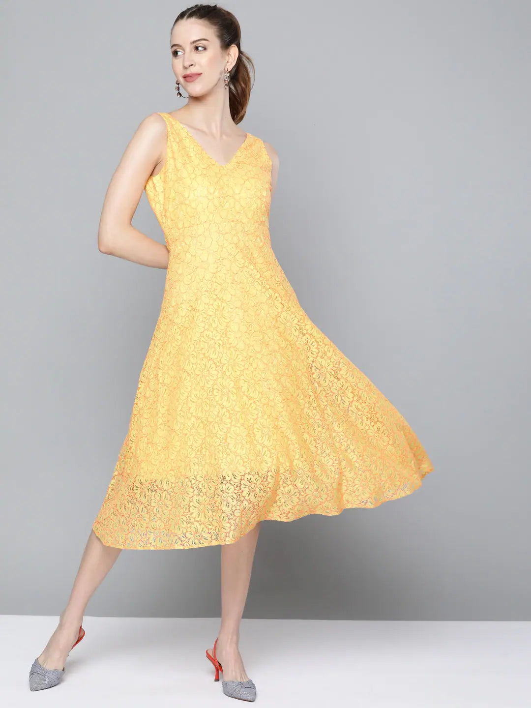 Yellow Lace Midi Dress - V-Neck Fit & Flare Dress