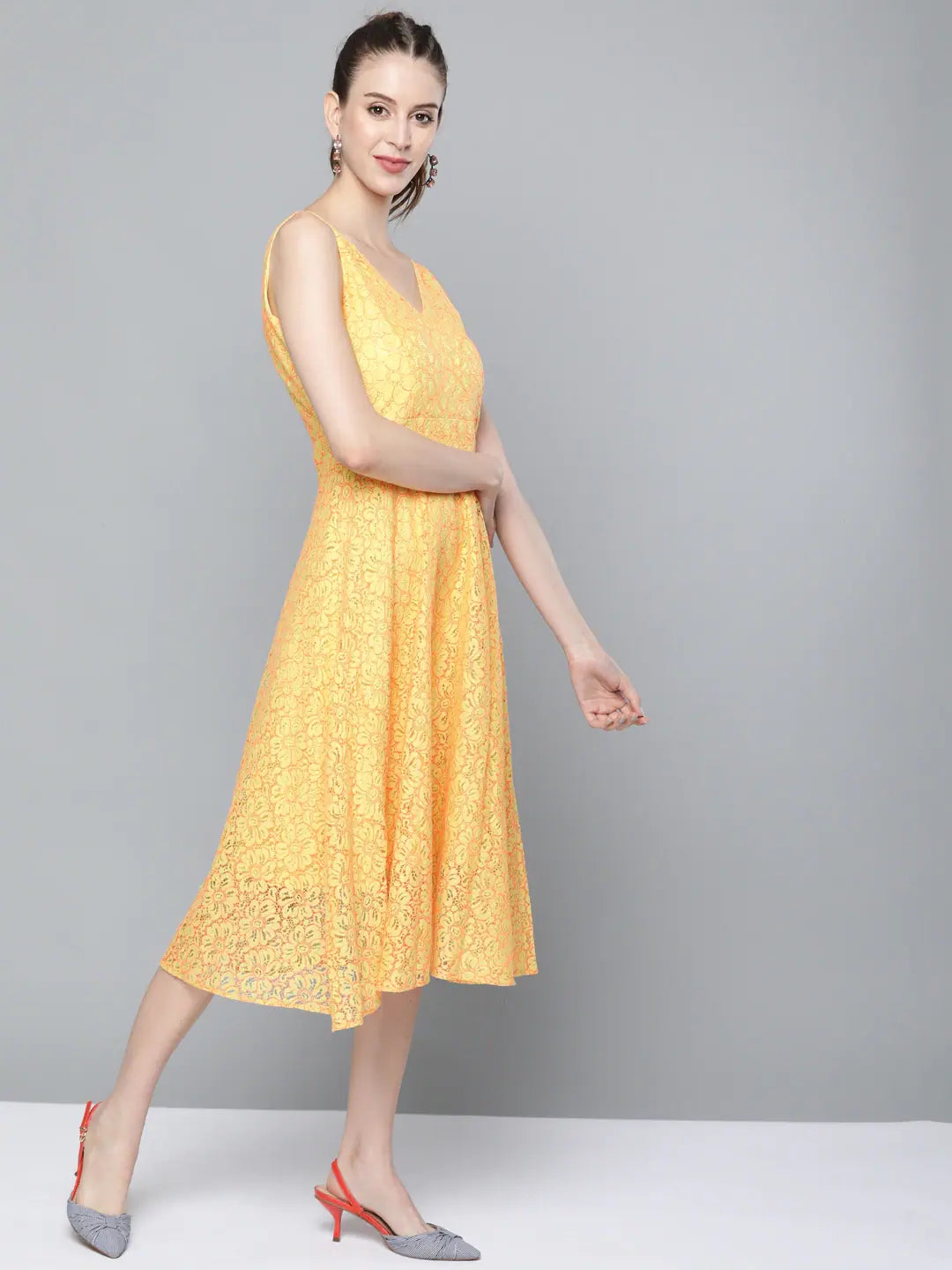 Yellow Lace Midi Dress - V-Neck Fit & Flare Dress
