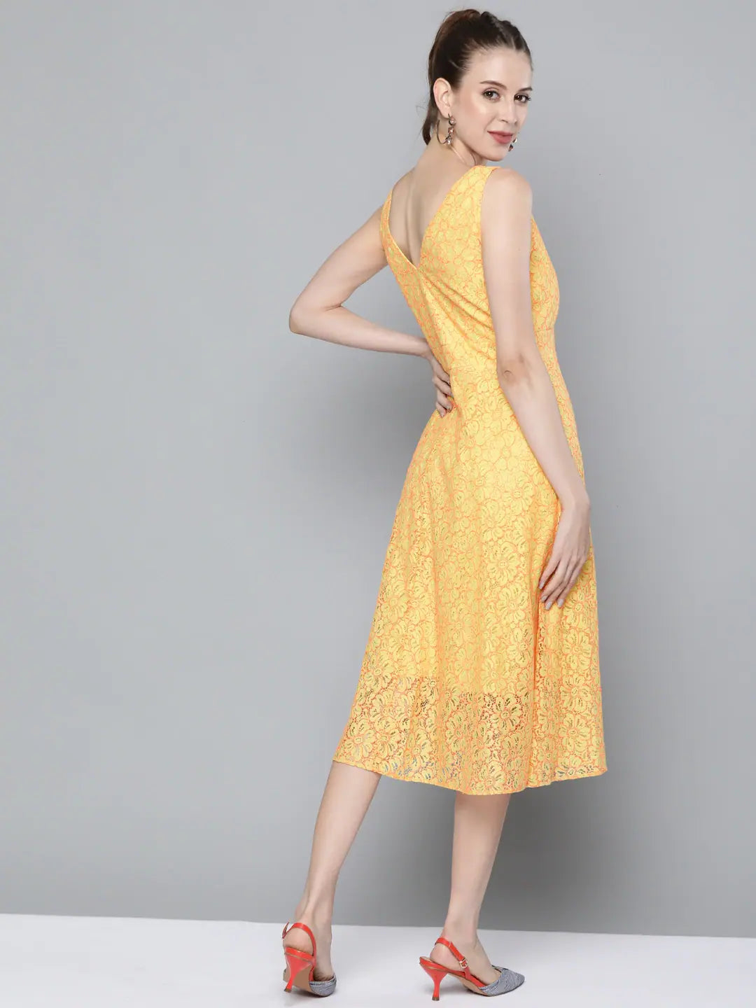Yellow Lace Midi Dress - V-Neck Fit & Flare Dress