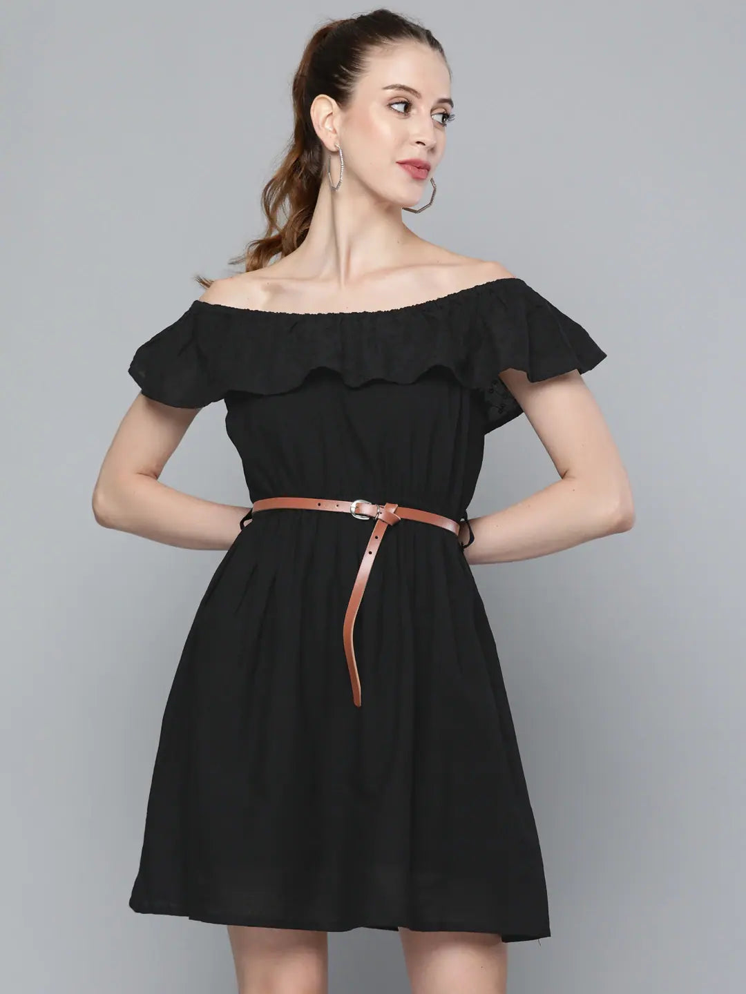 Black Bardot Schiffli Dress - Belted Cotton Dress
