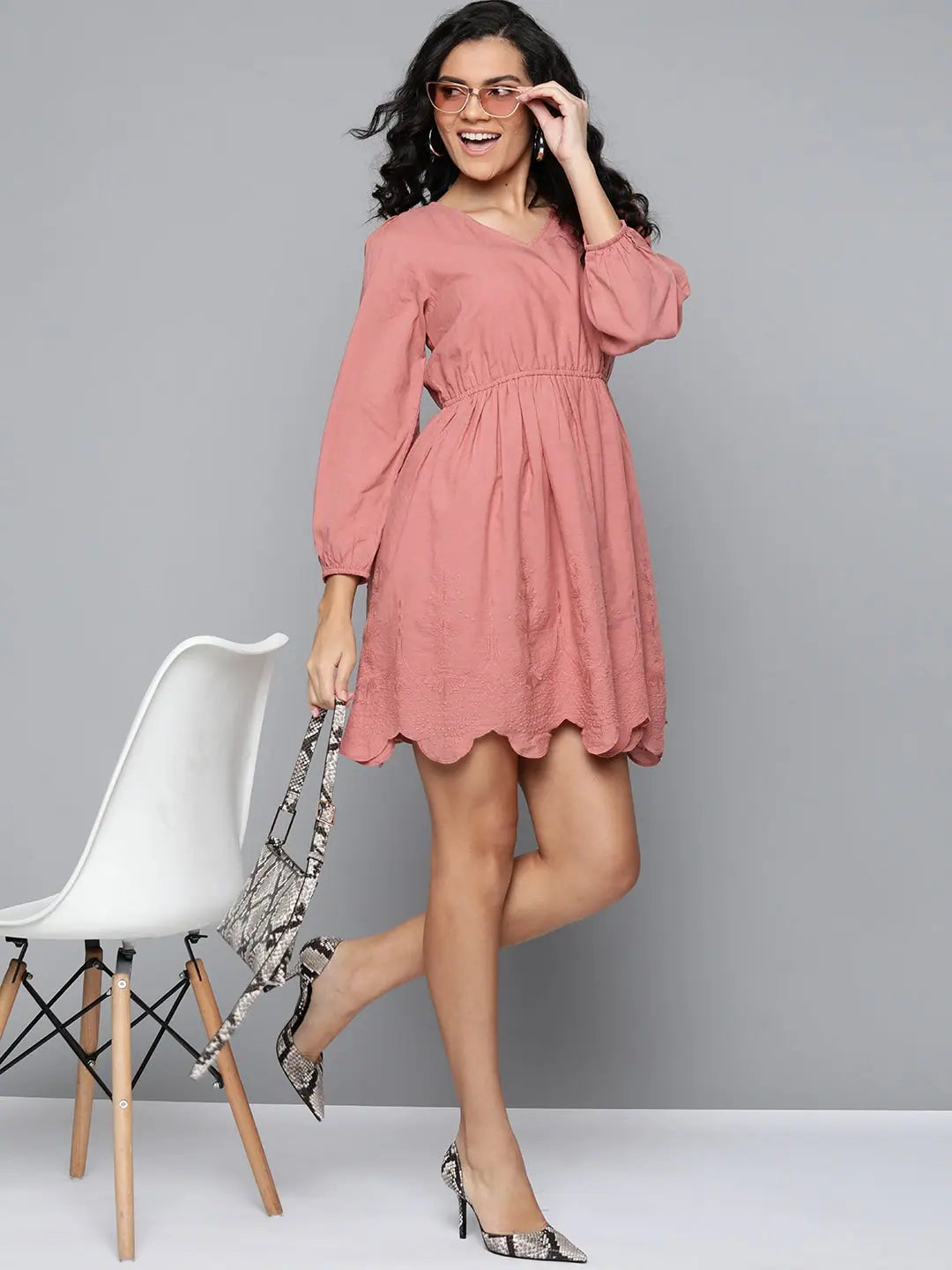 Baked Pink Schiffli Skater Dress | Women's Designer Lehenga