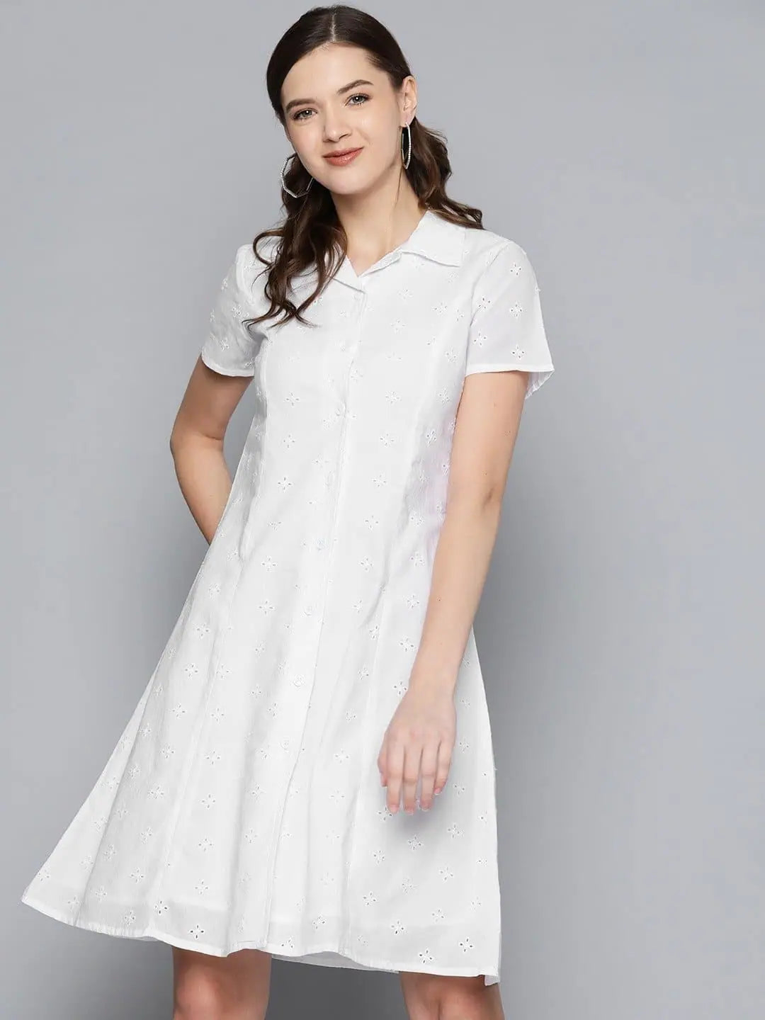 White Schiffli Shirt Dress | Women's Cotton Ethnic Fashion
