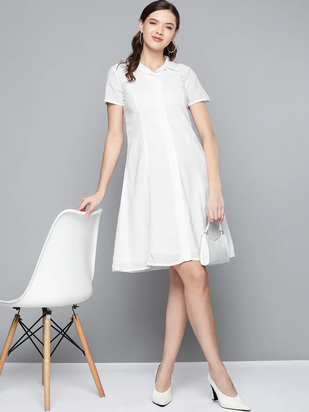 White Schiffli Shirt Dress | Women's Cotton Ethnic Fashion