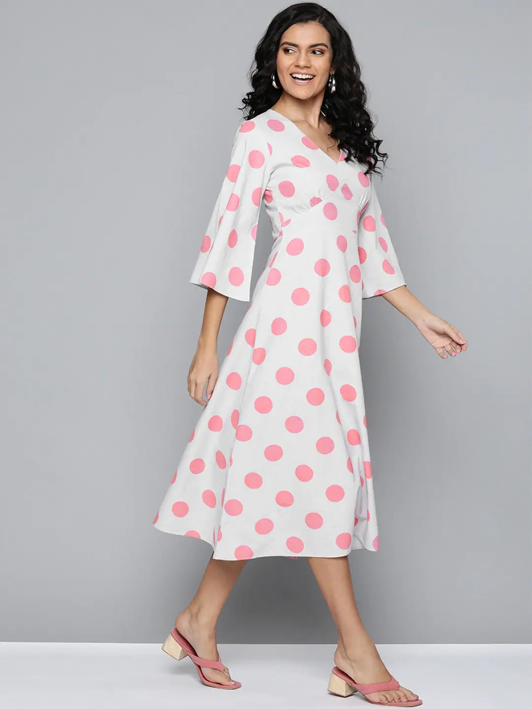 Pink & Grey Polka Dot Midi Dress | V-Neck Cotton Flex Dress