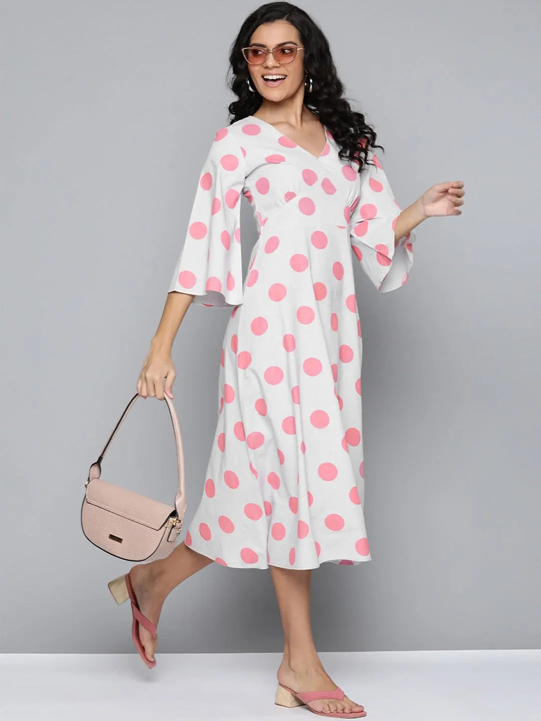 Pink & Grey Polka Dot Midi Dress | V-Neck Cotton Flex Dress