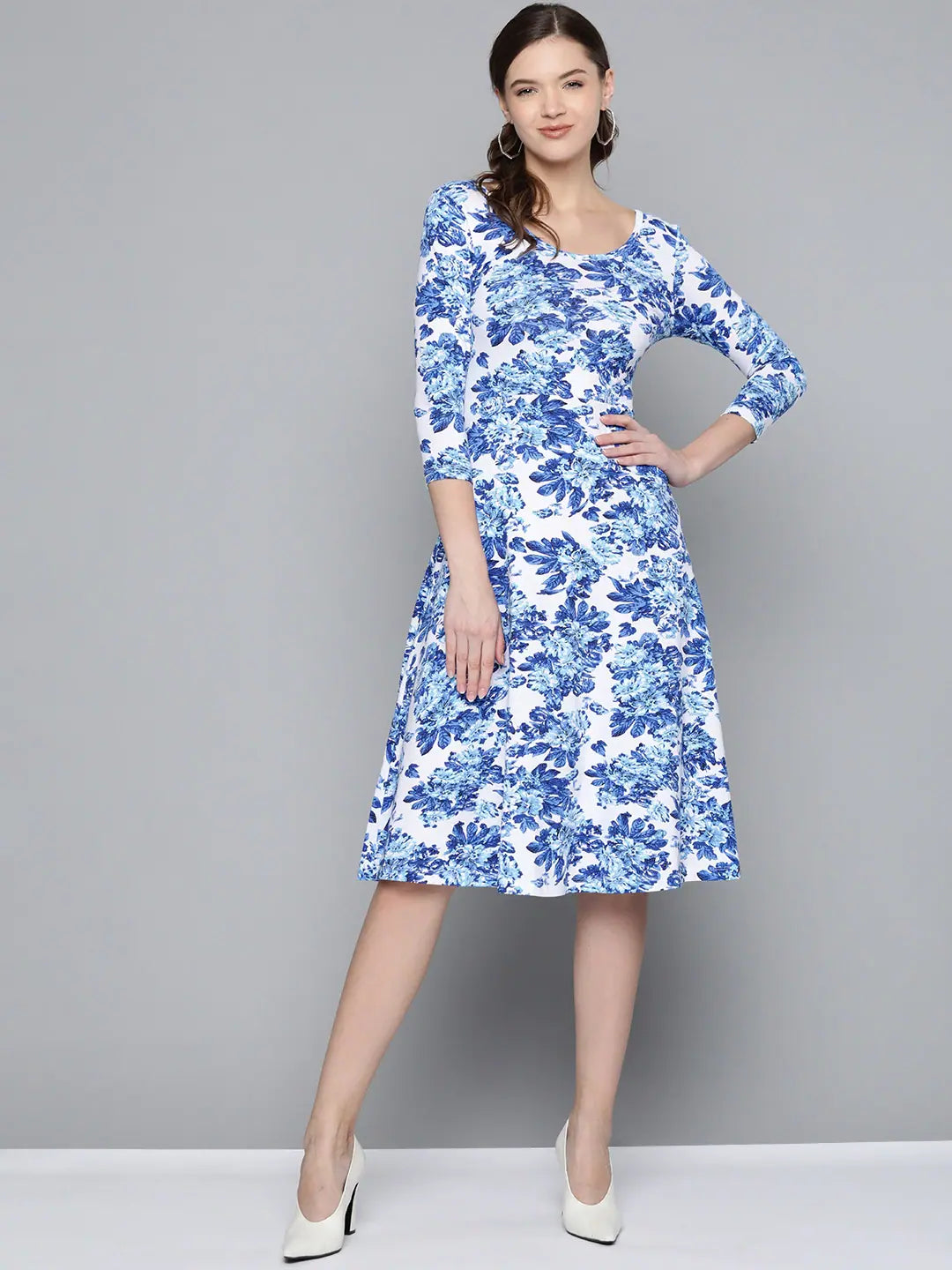 Blue Floral Cotton Skater Midi Dress | Fit & Flare Style