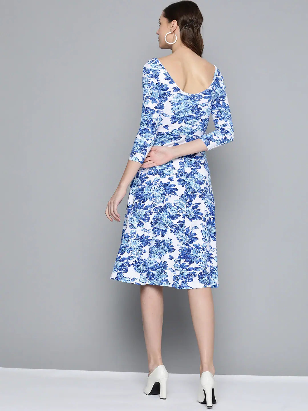 Blue Floral Cotton Skater Midi Dress | Fit & Flare Style