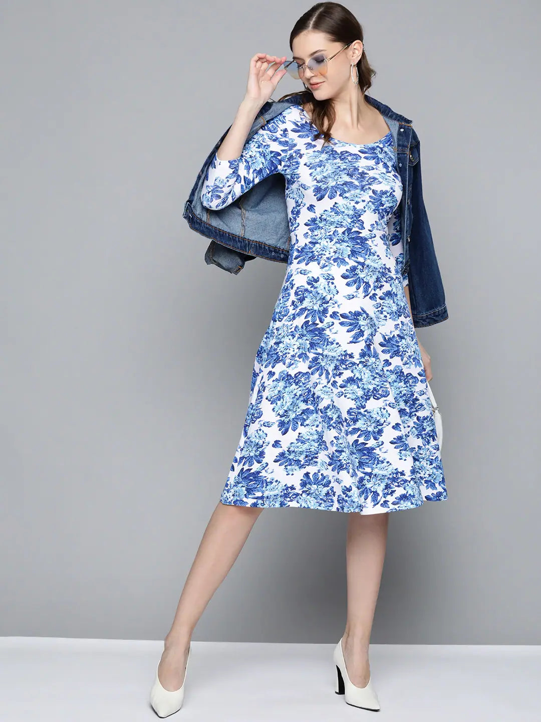 Blue Floral Cotton Skater Midi Dress | Fit & Flare Style