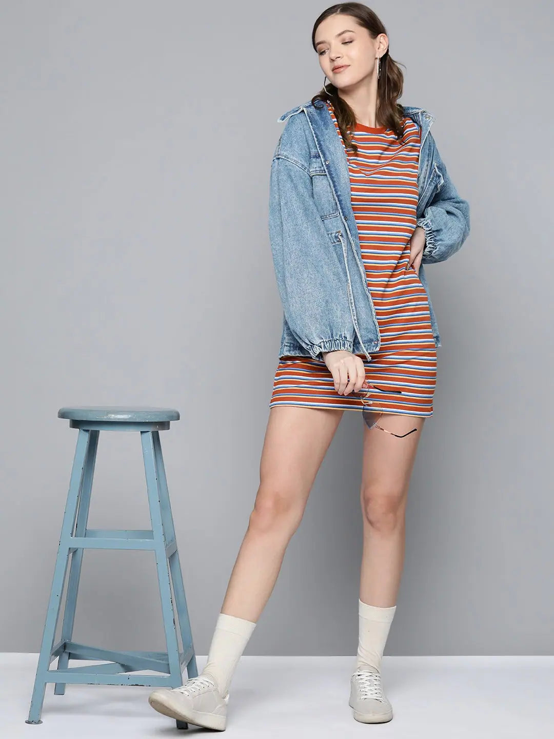 Rust & Blue Striped Sheath Dress | Festive Women's Lehenga