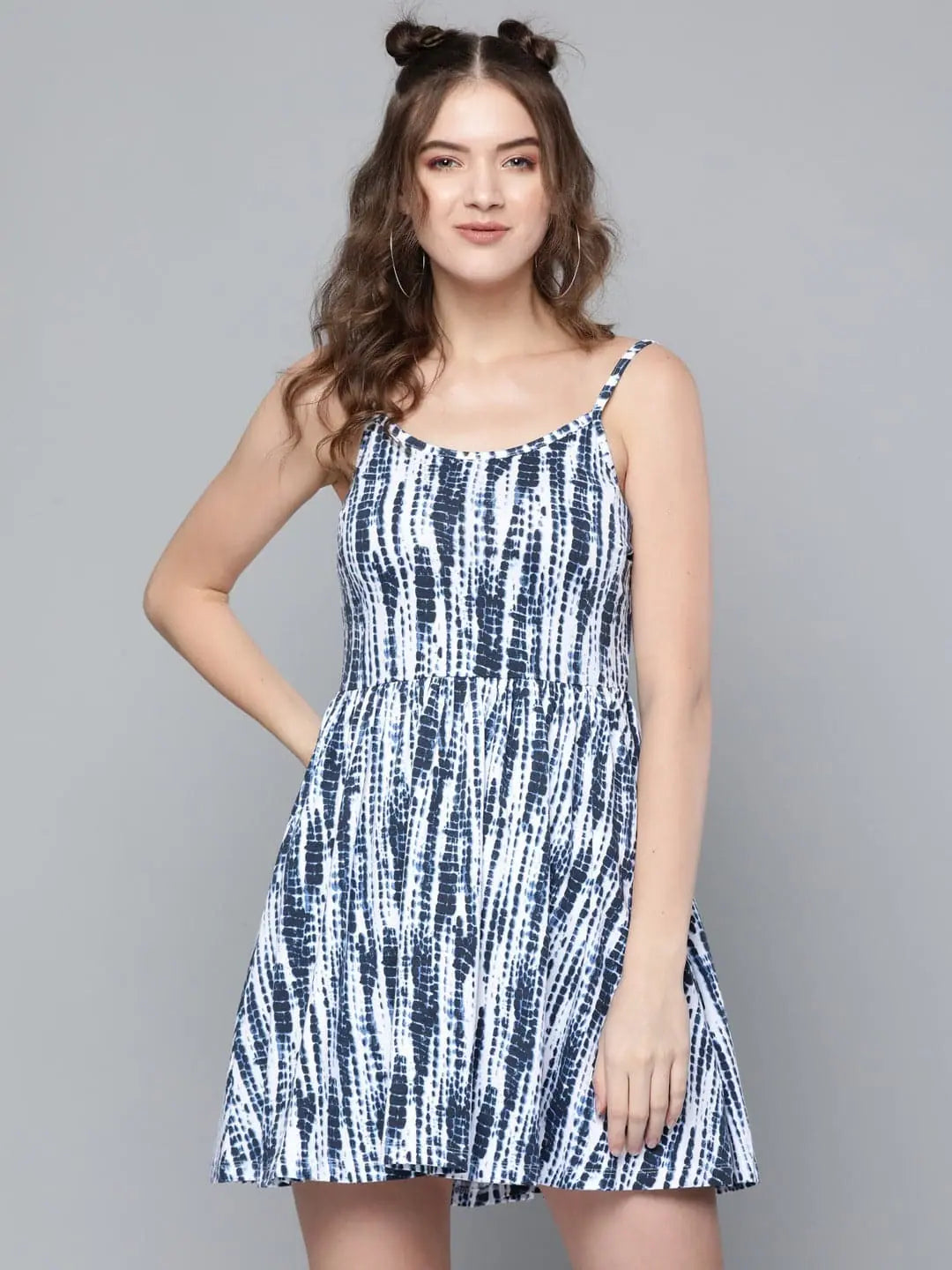 Blue Tie & Dye Strappy Short Dress - Fit & Flare, Cotton