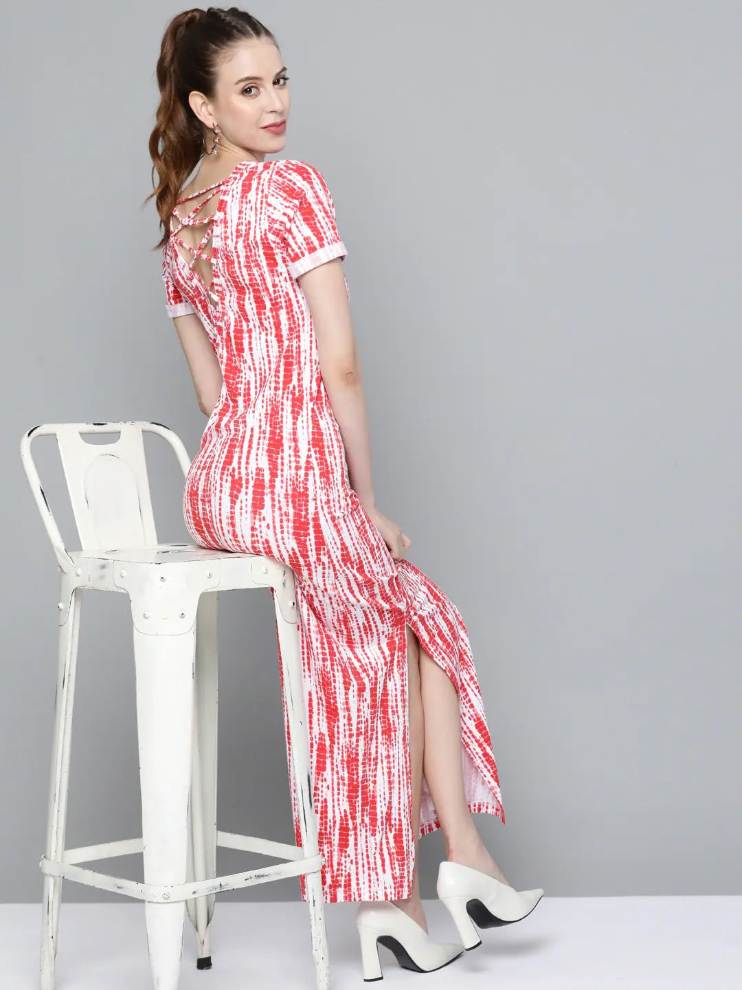 Red Tie-Dye Maxi Dress | Backless Criss Cross | Ethnic Lehenga