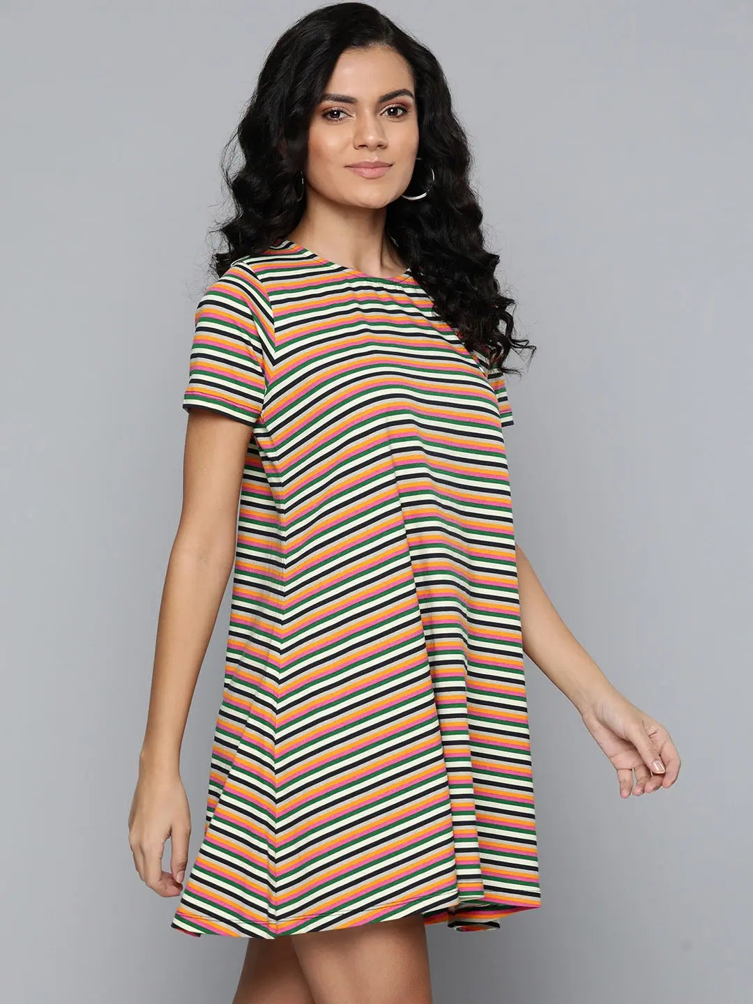 Multicolor Striped Tent Dress - Women's Casual Cotton Dress
