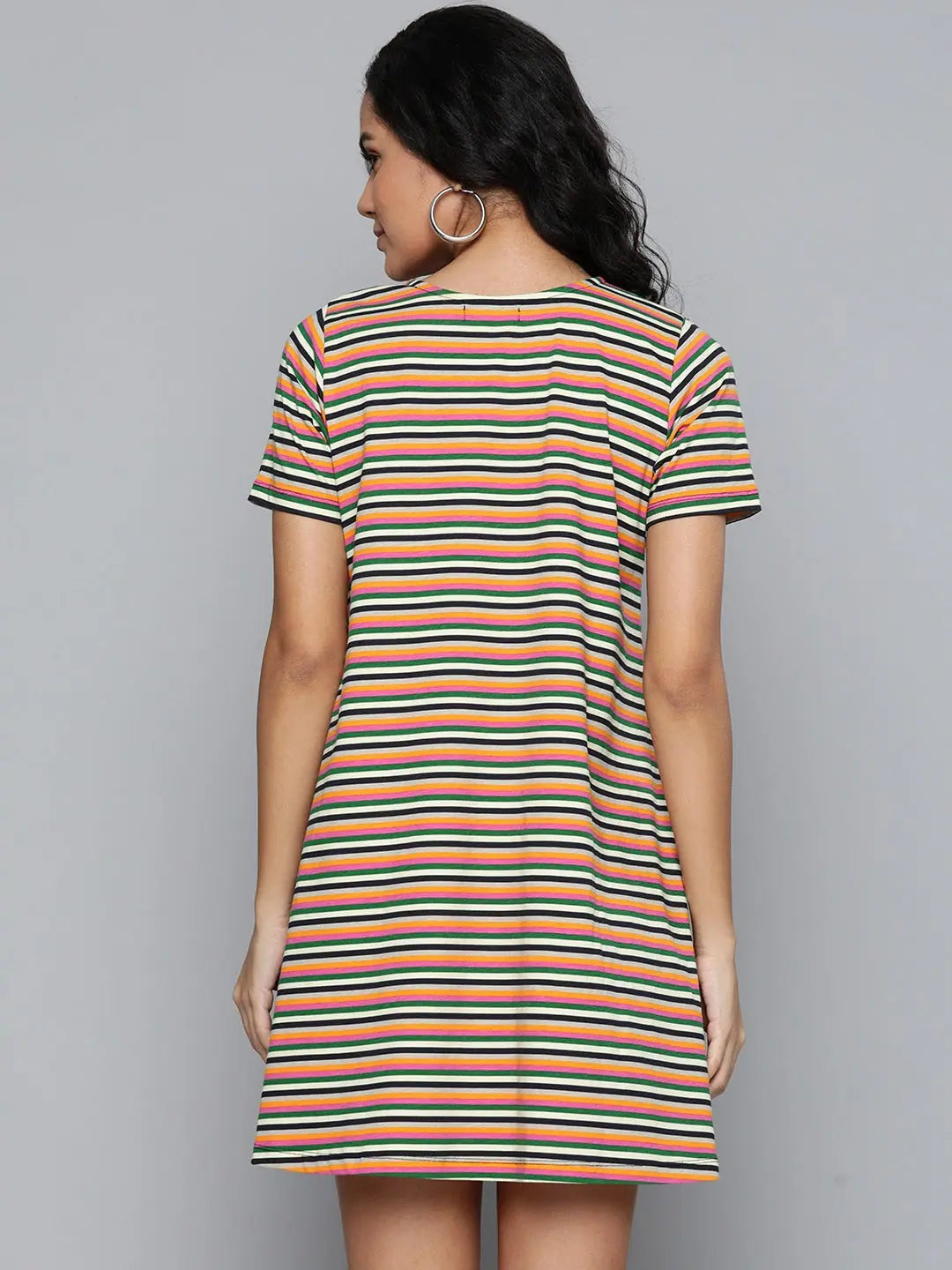 Multicolor Striped Tent Dress - Women's Casual Cotton Dress
