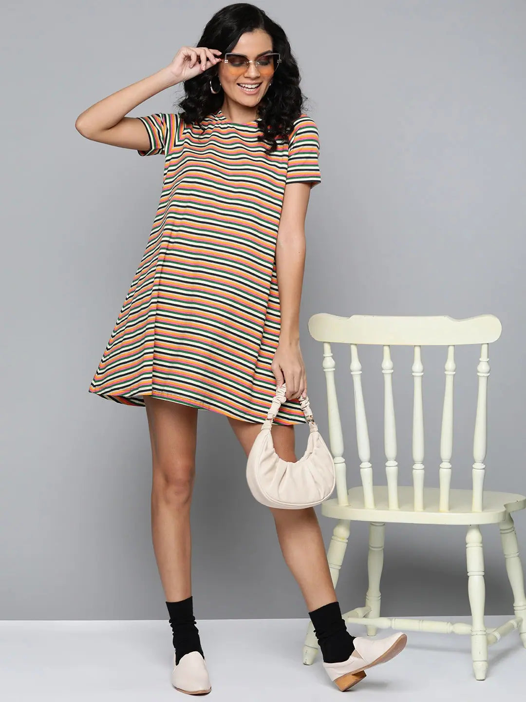 Multicolor Striped Tent Dress - Women's Casual Cotton Dress