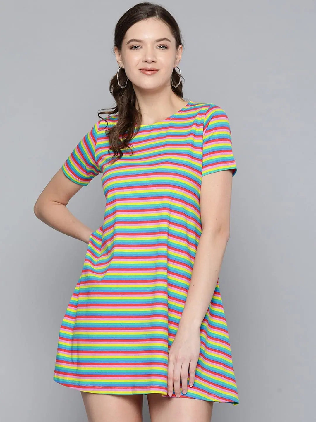 Rainbow Striped Tent Dress | Casual Loose Fit Cotton Dress