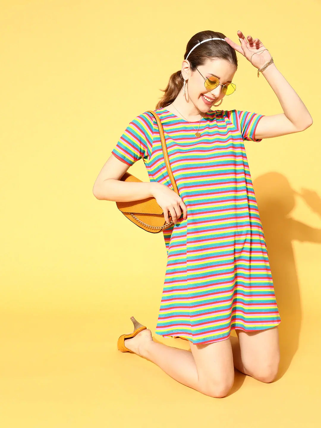 Women's Rainbow Stripes Cotton Tent Dress - Ethnic & Casual